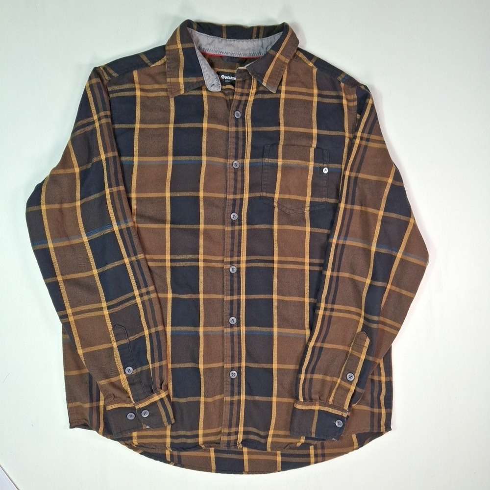Marmot Mens Brown Gold Plaid Flannel Button Down Shirt Large L/G Outdoor Casual